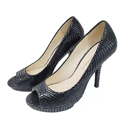 Michael By Michael Shannon Black Leather Peep Toe 4  Heels Snakeskin Texture 7.5 • $29.99