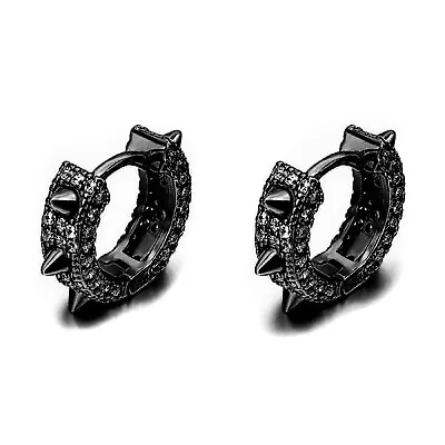 Men's Small Fully Iced Cz Black Sterling Silver Huggie Spike Hoop Earrings​ • $21.99