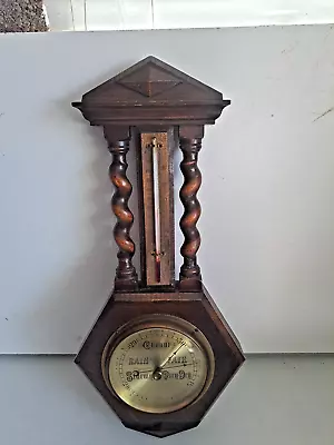Vintage Wall Oak Framed Barometer Thermometer 20  Height Hand Carved • £34.99