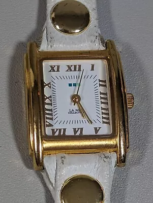 LA MER White Dial Gold Tone Rectangle Case White Wrap Leather Band Watch 22 Inch • $13.99