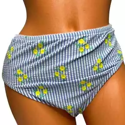 J.CREW Seersucker Swim Bottoms Womens Blue Striped High Cut Embroidered Size M • $12.99