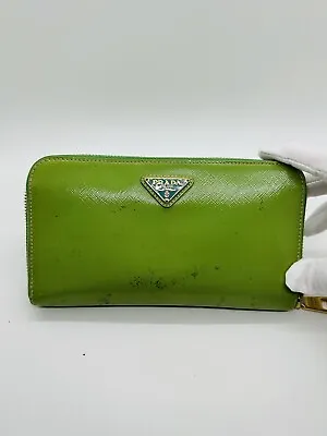 Authentic PRADA TESSUTO Nylon Saffiano Leather Wallet Zippy Purse Green Gold • $26