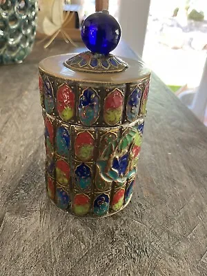 Vintage Tea Caddy Box Enameled Brass - Lid With Blue Glass Knob Marked China • $24.90