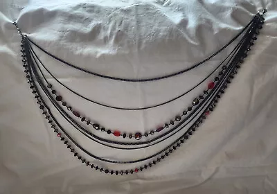 Red And Black Multi Strand Necklace Metal And Glass Beads Black Tone Chain Goth • $12.99