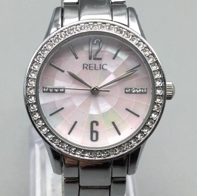 $21.24 • Buy Relic Watch Women Silver Tone Date Pave Crystals Pink Dial New Battery 6.5 