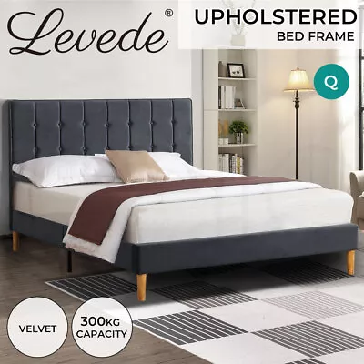 Levede Queen Bed Frame Mattress Base Platform Wooden Velvet Headboard Grey • $259.99