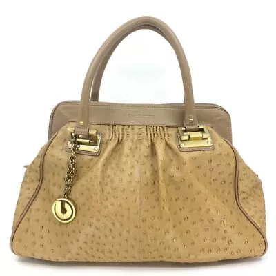 Charles Jourdan Ostrich Leather Tote Bag Gold Trim Charm Handbag Two Tone Purse • $85