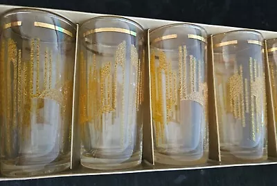 RARE - Vintage Crown Corning RETRO GOLD EMBELLISHED - 6 Decorated Tumblers BOXED • $55