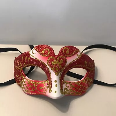Half Face Venetian Mardi Gras Party Ball Masquerade Mask Red With Glitter • $14.99