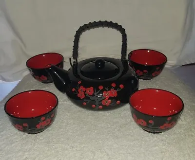 Stylish Red & Black Teapot Sake/Tea Set With Four Cups • $40