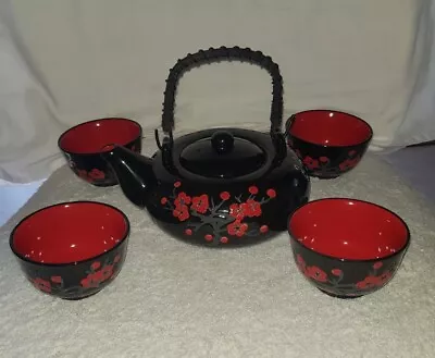 Stylish Red & Black Teapot Sake/Tea Set With Four Cups • $40