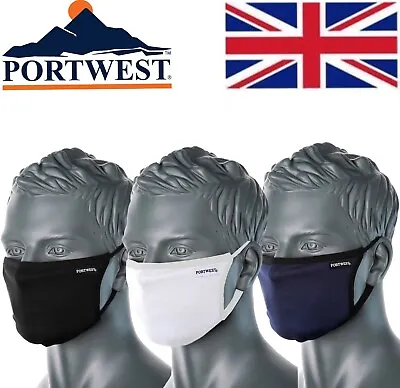 Portwest CV33 Reusable Washable 3 Ply Fabric Face Mask Anti Microbial Adjustable • £3.97