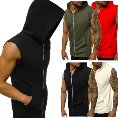 Men Zip-up Hoodie Tank Tops Gym Workout Bodybuilding Sleeveless Casual Vest • $14.87