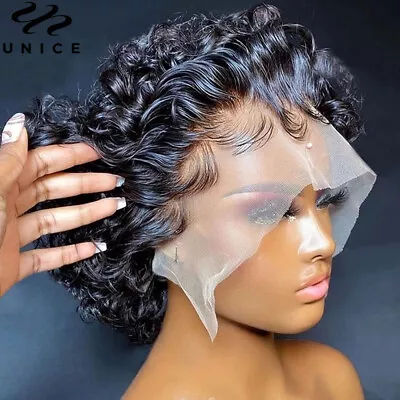 HD Transparent Lace Front Bob Curly Human Hair Wig 6  Mongolian Pixie Cut Wig US • $47.40