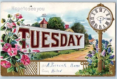 Bruno NE Postcard Tuesday Large Letters Hope To See You Clock Nash Embossed • $14.95