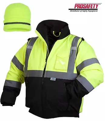 High Visibility Insulated Hi Vis Reflective Road Work Safety Bomber Jacket & Hat • $35.59