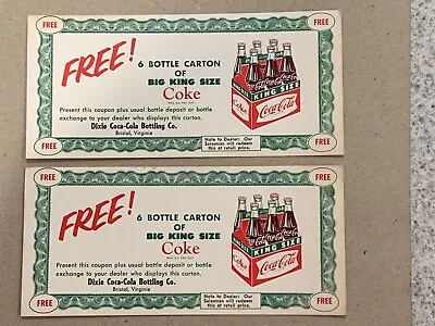 2 Dixie Coca Cola Bottling Bristol Virginia FREE 6 Pack King Size Carton Coupons • $15