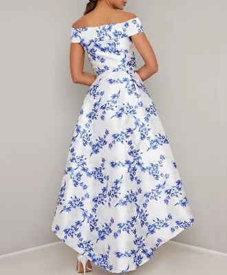 £42 • Buy Chi Chi London NEW Bardot White Blue Floral Size 8 Dip Hem Look Aso Midi Dress