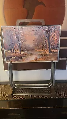 Vtg MCM Folding TV Tray Set W/Caddy~4 Seasons Scenes Robert Wood Art Work RARE!! • $75