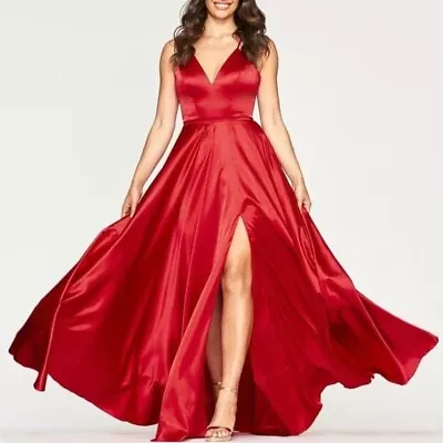 Faviana Prom Dress 4 Red Silky Charmeuse Lace Up Back Side Pockets High Slit • $89.98