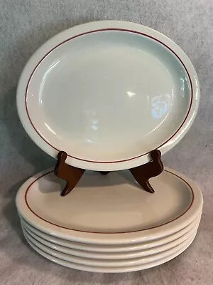 Set Of 6 ~ Homer Laughlin Best China Restaurant Ware Red Stripe Rim OVAL PLATES • $19.99