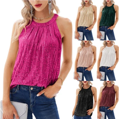 £11.68 • Buy Sexy Womens Halter Crew Neck Sleeveless Vest Top Sequins Loose Tank Tops Shirts