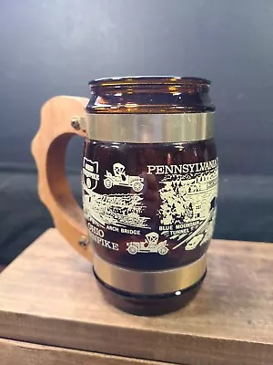 Vtg Siesta Ware Pennsylvania Turnpike Amber Mug Cup Glass Wooden Handle  • $7