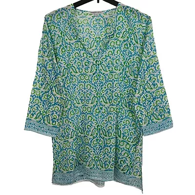 Barbara Gerwit Printed Tunic Top Size Medium Blue Green Cotton Beachy Coverup • $20.91