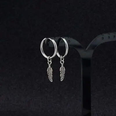 £3.54 • Buy Hip Hop Kpop Boy Leaf Titanium Feather Pendant Hoop Earrings Korean Jewelry