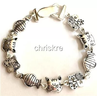 Kitty Cat MEOW Charm Bracelet Silver Plated Rescue Whimsical Fish Vet Tech Gift • $12.99