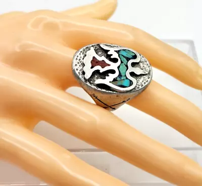 Ring Thunderbird Of Inlaid Turquoise & Coral Crossed Arrows Ethnic Style Sz 10 • $29.99