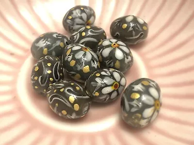 £13 • Buy Hand Painted Glass Floral Oval Beads Grey 20 Pcs