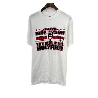 Vintage Mike Tyson Iron Bite Boxing Bite 1997 Holyfield White T-shirt Size L • $41.99