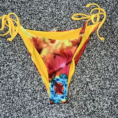 Zaful Bathing Suit Bottom Bikini S Tie-Dye Strings Red Orange Yellow High Sides • $9.98