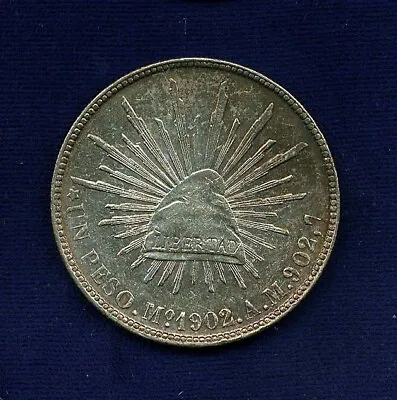 MEXICO REPUBLIC MEXICO CITY MINT  1902-MoAM 1 PESO SILVER COIN AU/UNCIRCULATED • $100