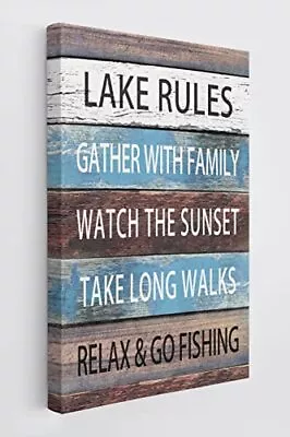 Lake Rules Gather With Family Wood Grain Wall Art Canvas Farmhouse Lake Theme... • $27.45