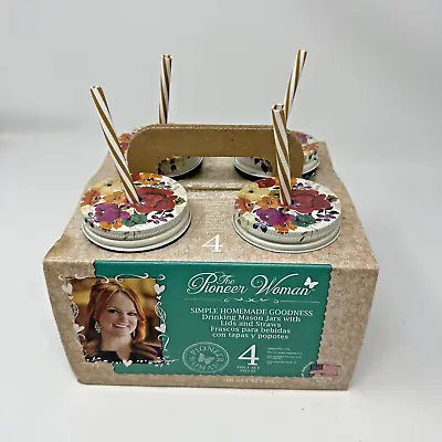 Pioneer Woman New Set Of 4 Rose 16oz Mason Jar Drinking Mugs W/ Straws NIP • $32.88