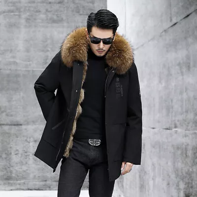 Men's Real Fox Fur Lined Jacket Real Raccoon Fur Collar Coat Warm Parka Outwear • $169.83