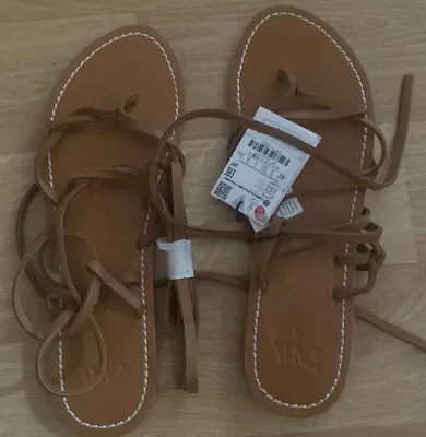 $65 • Buy ZARA NWT LEATHER Lace Up Tie Flat Sandals, Brown , Size 10
