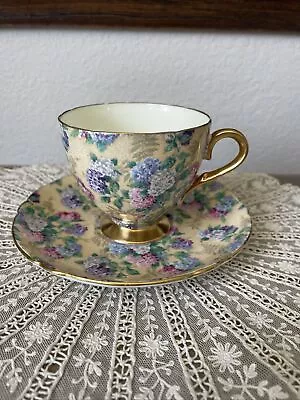 Shelley Ivory Summer Glory Chintz  Cup & Saucer Footed W Gold Trim • $95.99