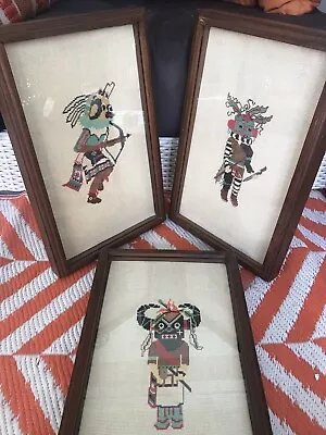 Vintage Needlepoint HOPI KACHINAS PUEBLO INDIANS Set Of 3 Pictures RARE Boho • $250