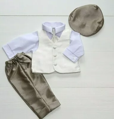 Baby Boy Christening Pageboy Formal Smart Outfit Waistcoat Hat White Beige 0-18M • £23.90