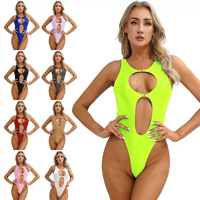 Womens Glossy Monokini One-Piece High Cut Bodysuit Open Back Leotard Swimwear • $5.27