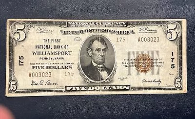 1929 $5 The First National Bank WILLIAMSPORT  PA National Currency CH# 175 Ty2 • $199.99