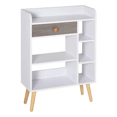 HOMCOM Multi-Shelf Bookcase Freestanding Storage Drawer Shelves Wood Legs White • £34.99