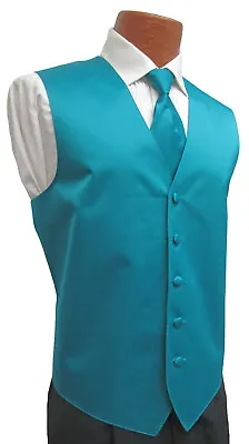 Men's Teal Tuxedo Vest & Tie Blue Green Satin Fullback Wedding Formal Prom  • $2.69