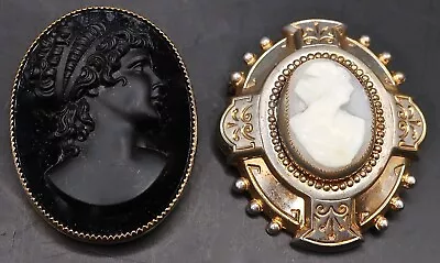 2 Vintage Carved Cameo Oval Pins Brooches Mourning Black Glass & AS IS Gold Tone • $9.50