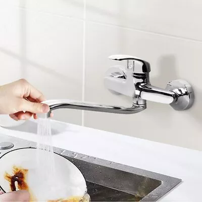 Wall Mounted Restaurant Water Mixer Taps Long Swivel Spout Kitchen Sink Faucet • £16
