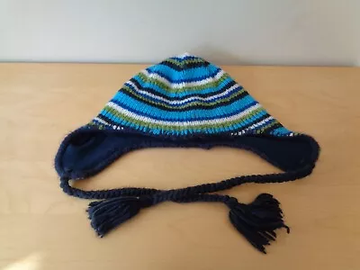 Eddie Bauer Stripe Ear Flap Beanie Hat Trapper Style Knit Fleece Blue & Green • $9.98