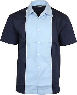 Relco Mens Blue & Navy Bowling Shirt Rockabilly Retro 50s Club Swing Lounge • £34.99